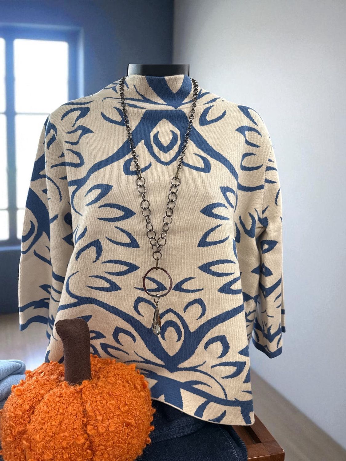 Jacquard Knit Mock Neck Sweater