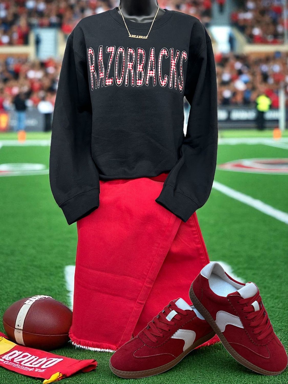 Red Gingham Applique Black Sweatshirt