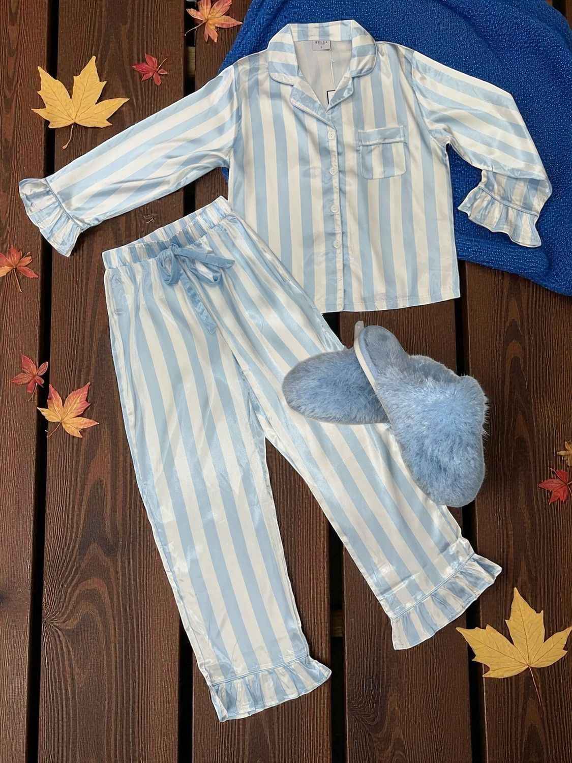Satin Sleeve Ruffle Blue Stripe PJ