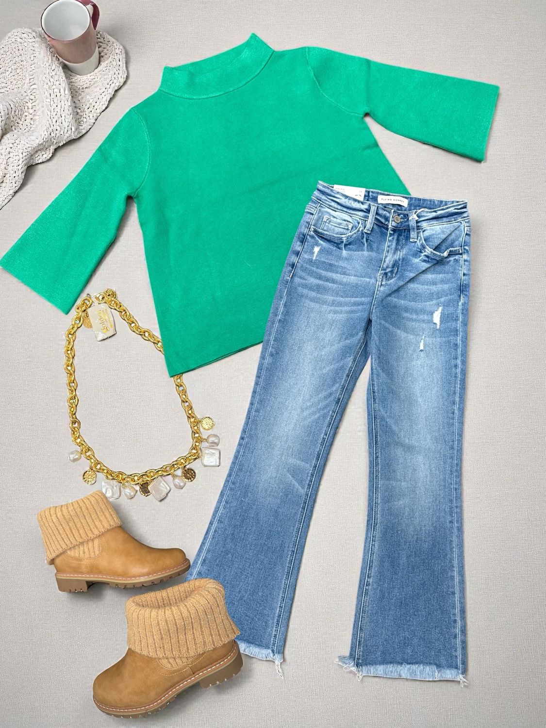 Mock Neck Pull Over Sweater W/ Bell Sleeves