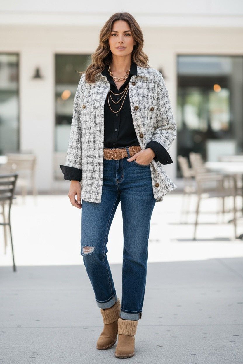 Black &amp; Taupe Twill Button Down Top