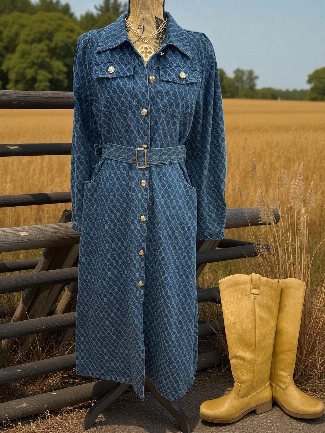 Printed Denim Long Dress W/ Belt