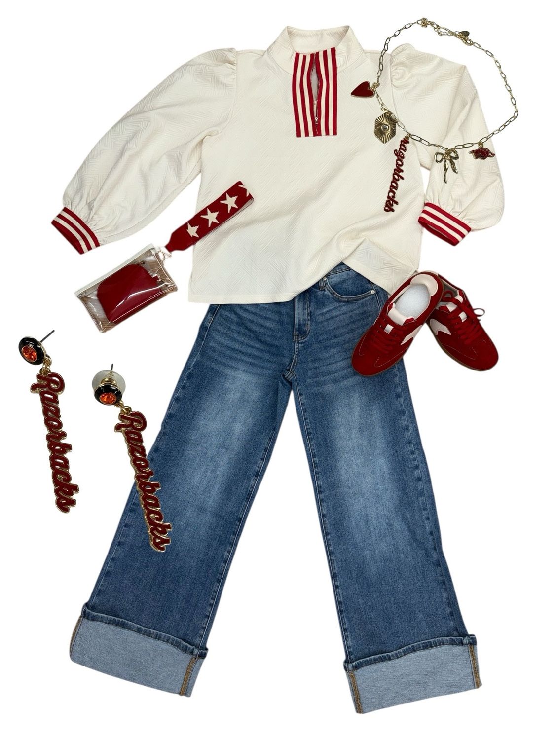 Ivory w/Red Stripe Trim LS Top