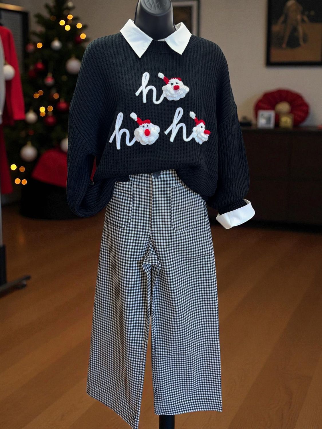 Gingham Straight Leg Pants-Black