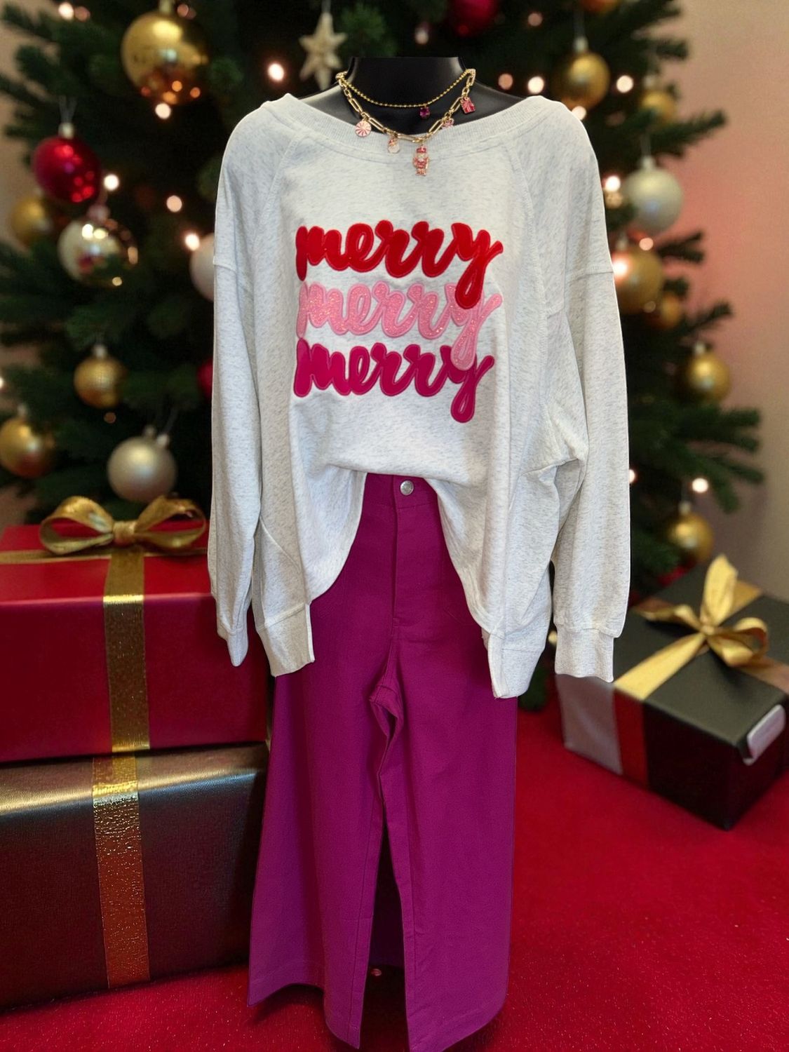 Merry Embroided High-Low Pullover Sweatshirt Twinkle Gray