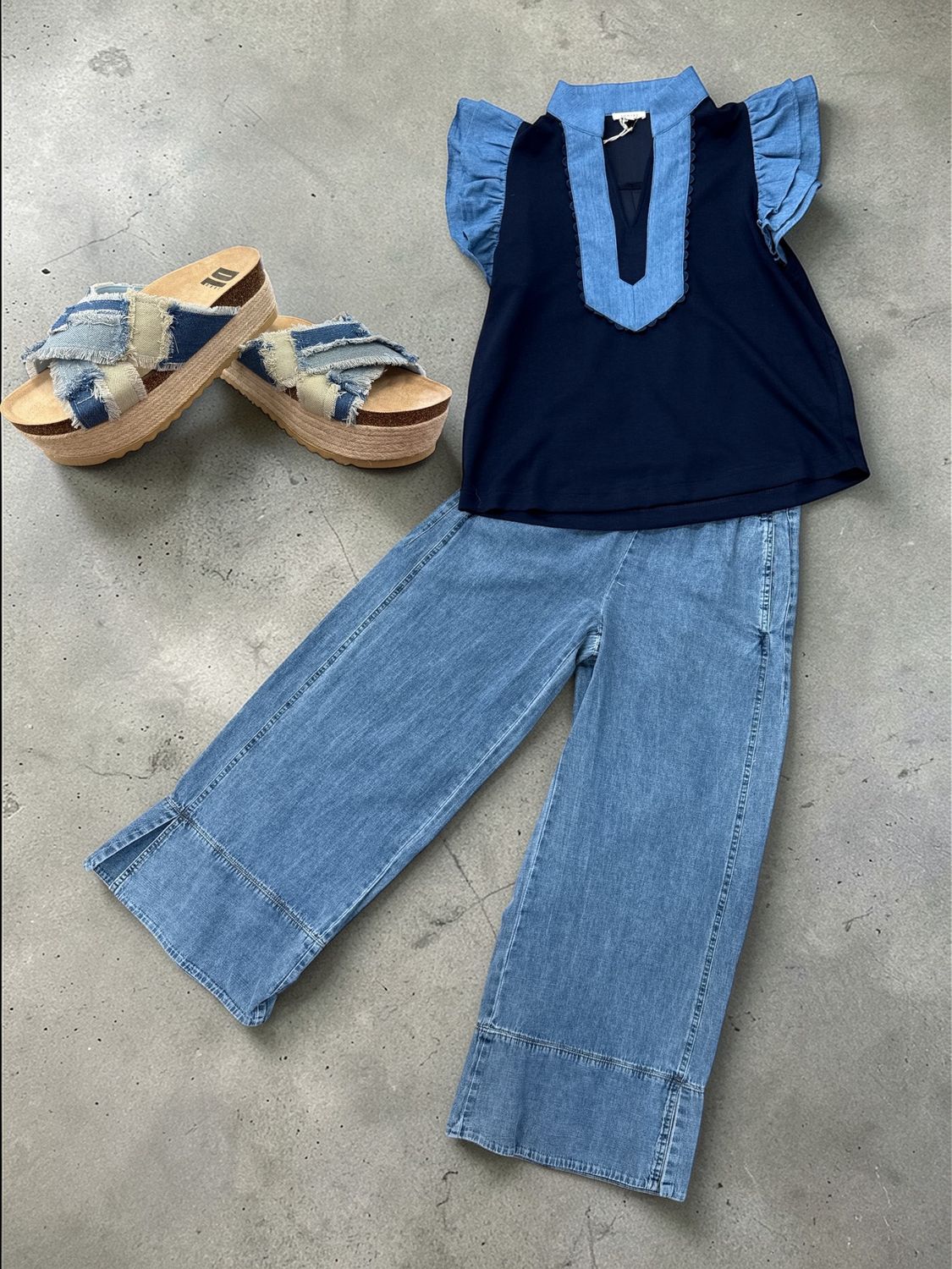 Navy Top With Denim Trim