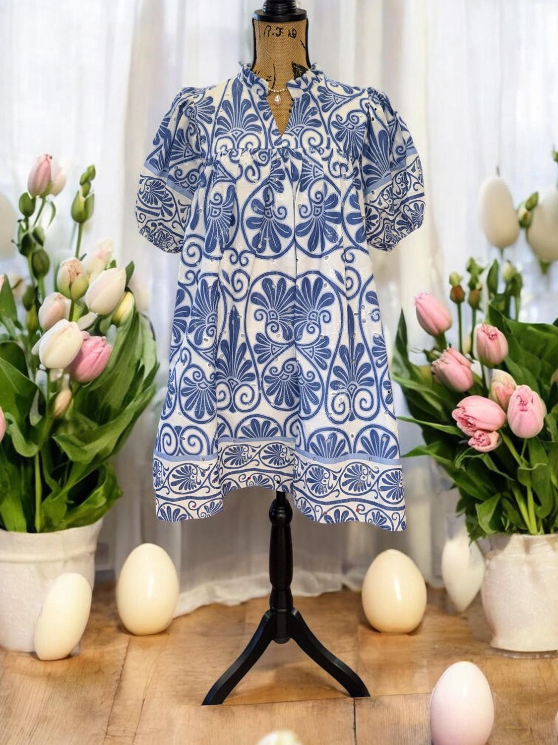 Greek-Inspired Floral with White Eyelet Dress
