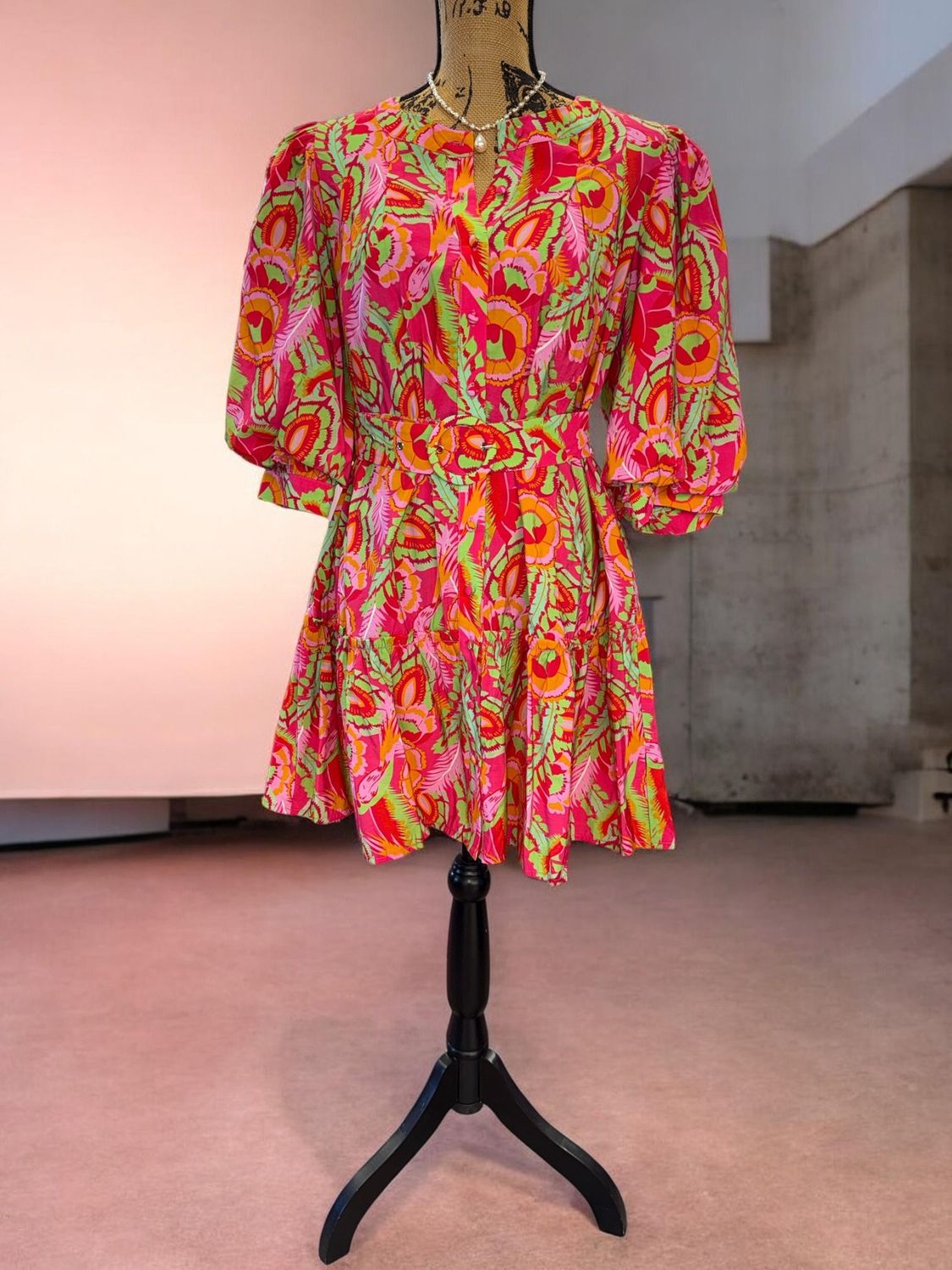 Multi Colored Floral Dress With Belt