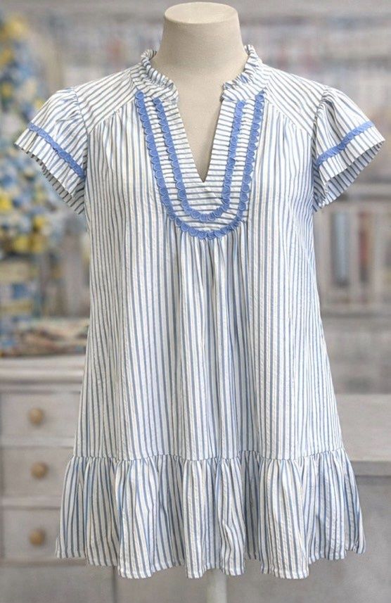Sky Stripe Ruffle Sleeve Mini Dress With Lace Trim