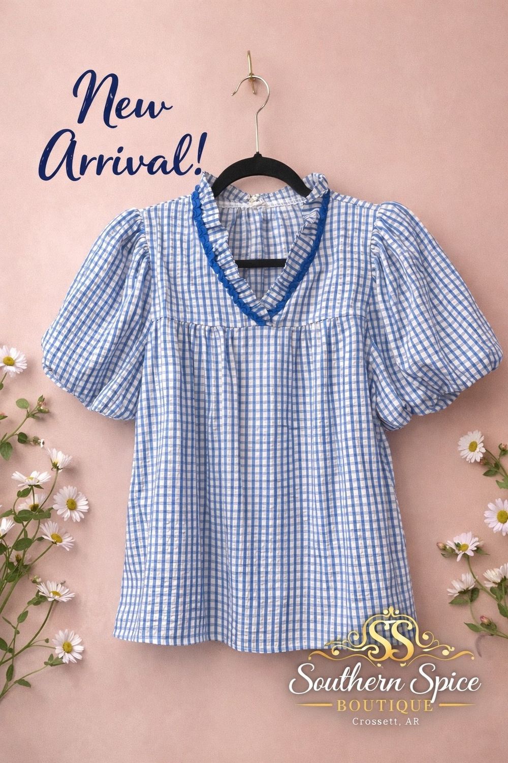 Checkered Top W/ Puff Sleeves