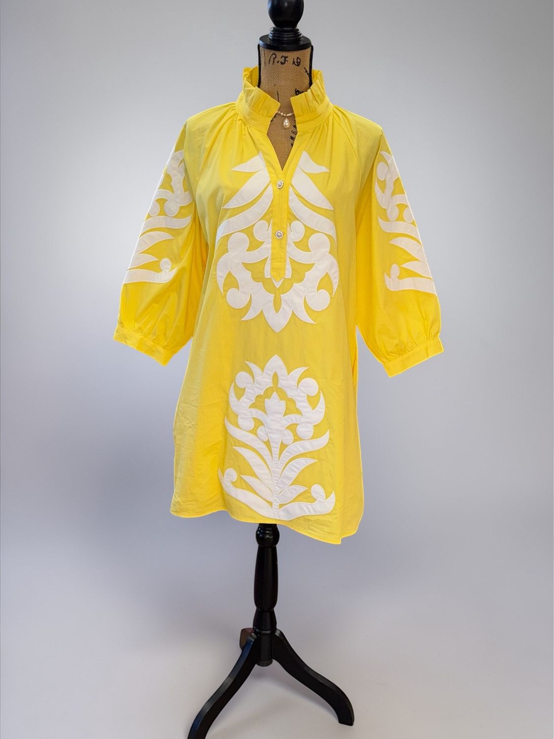 Domask Print Dress W/ Pearl Buttons