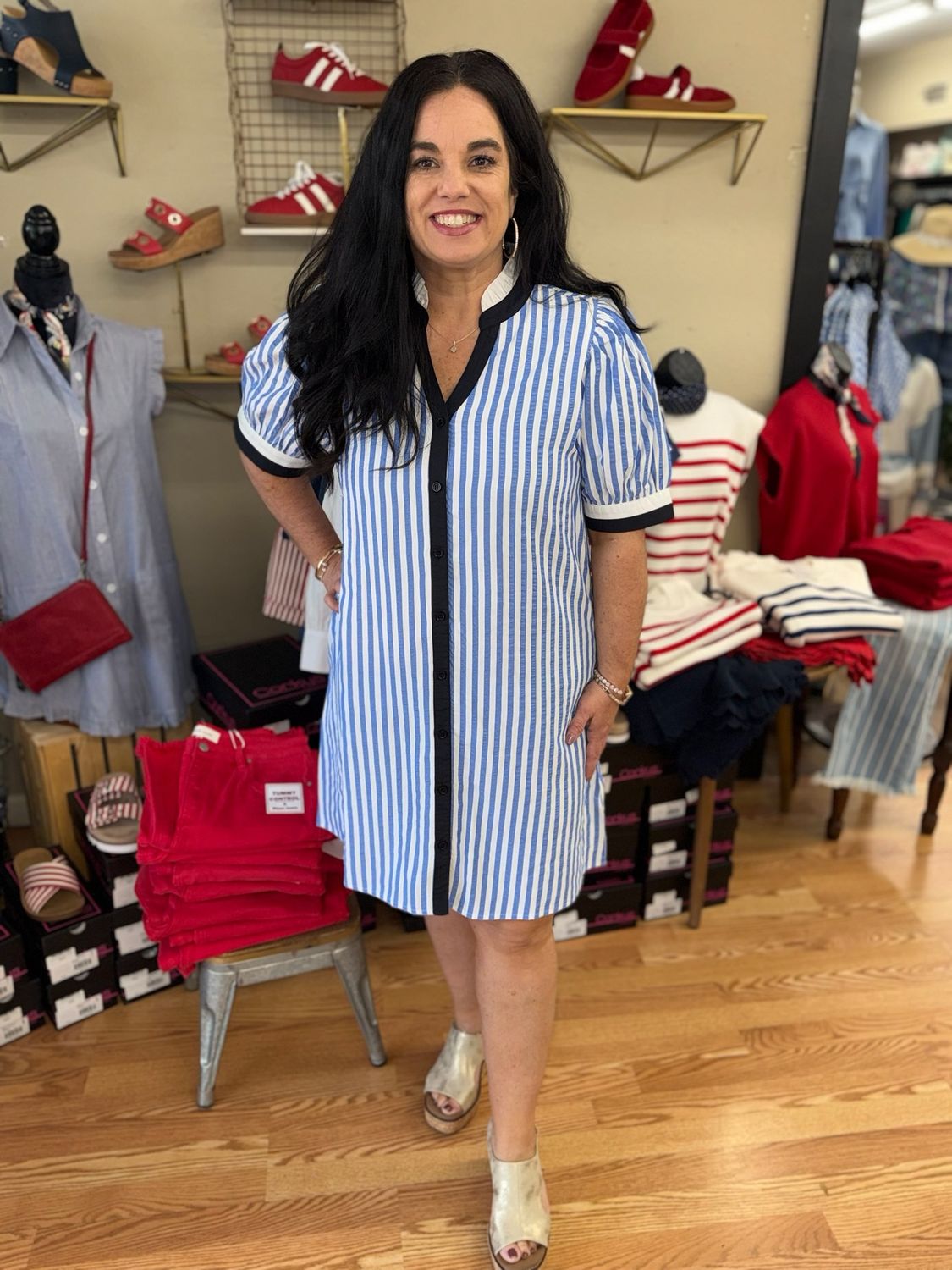 V-Neck Blue Striped Dress