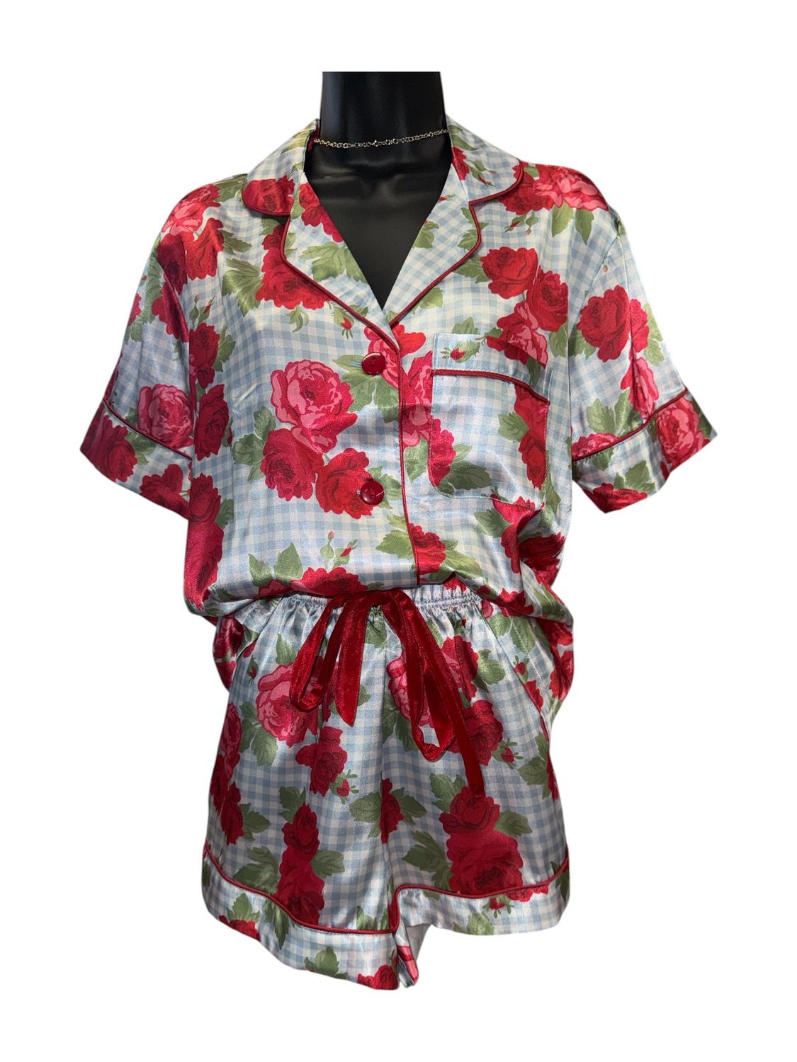 Short Sleeve and Shorts Gingham Roses Pajama Set