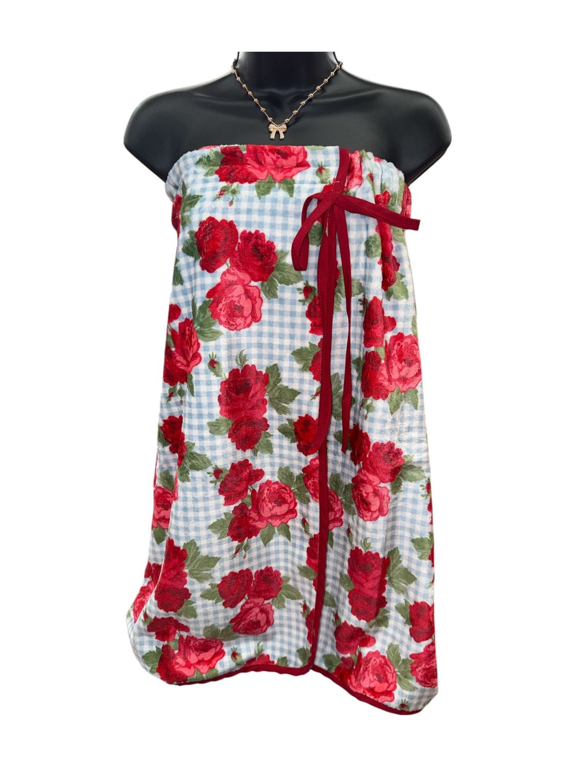 Blue Gingham Spa Wrap with Red Roses