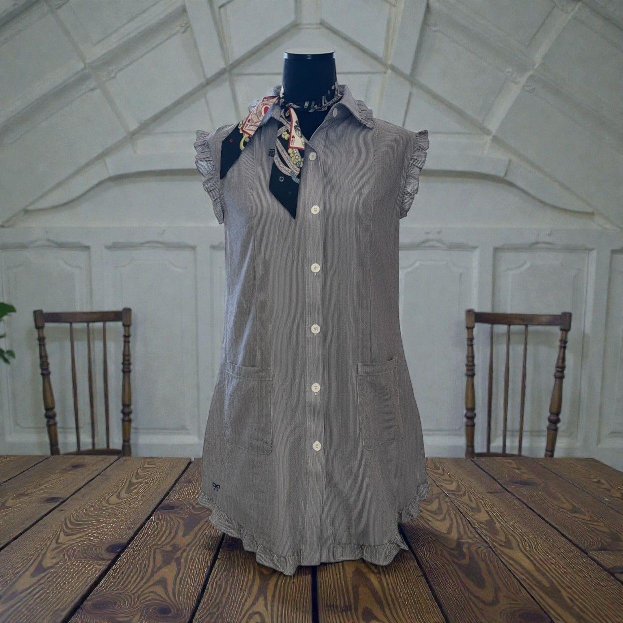 Navy Stripe Dress W/ Ruffle Collar