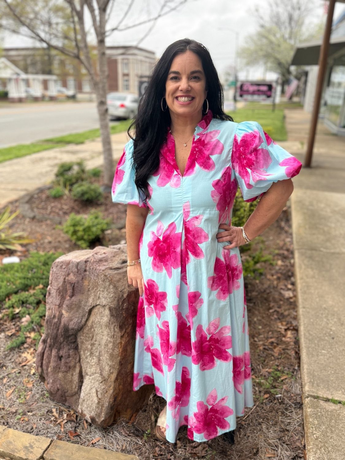 Ruffle V Neck Puff Sleeve Midi Dress