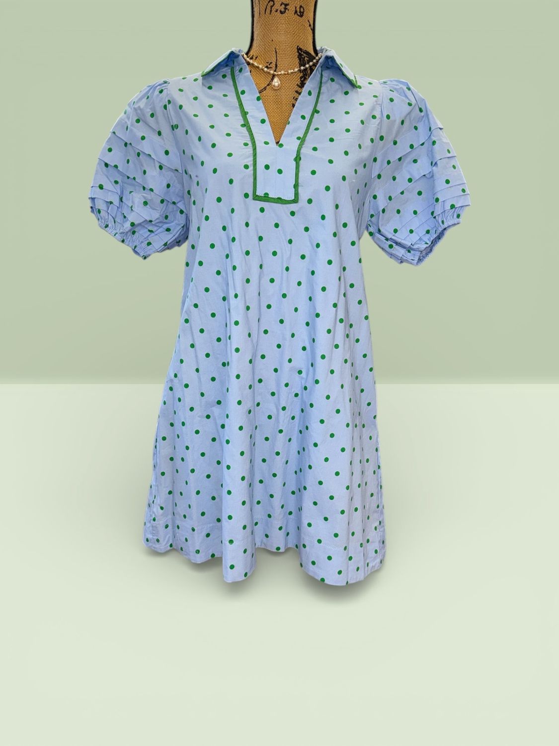 Light Blue Collared Dress W/ Green Polka Dots