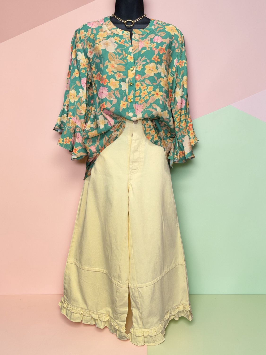 Buttter Yellow Mineral Washed Ruffled Hem Pants