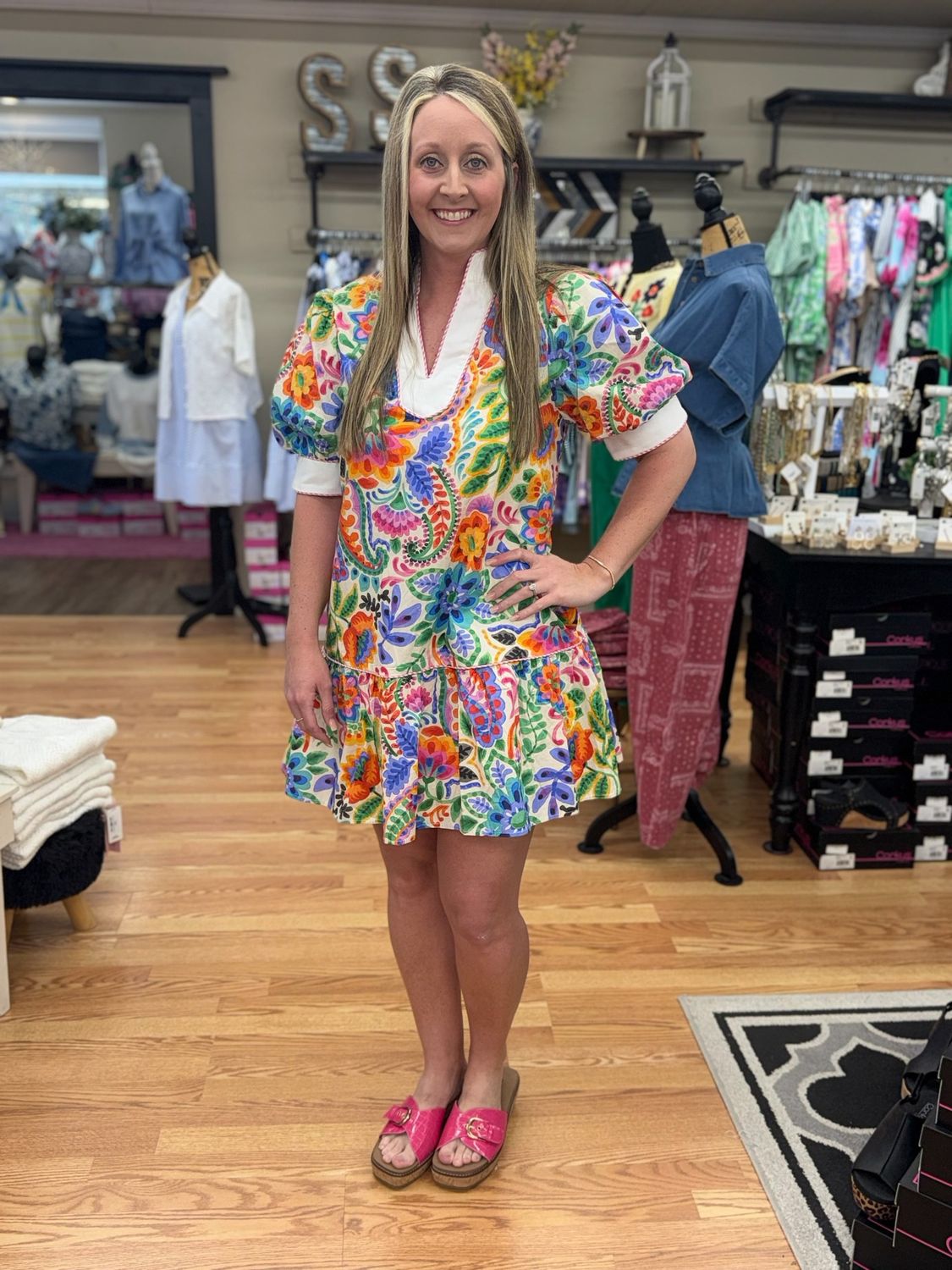 Multi Colored Dress with White Trim