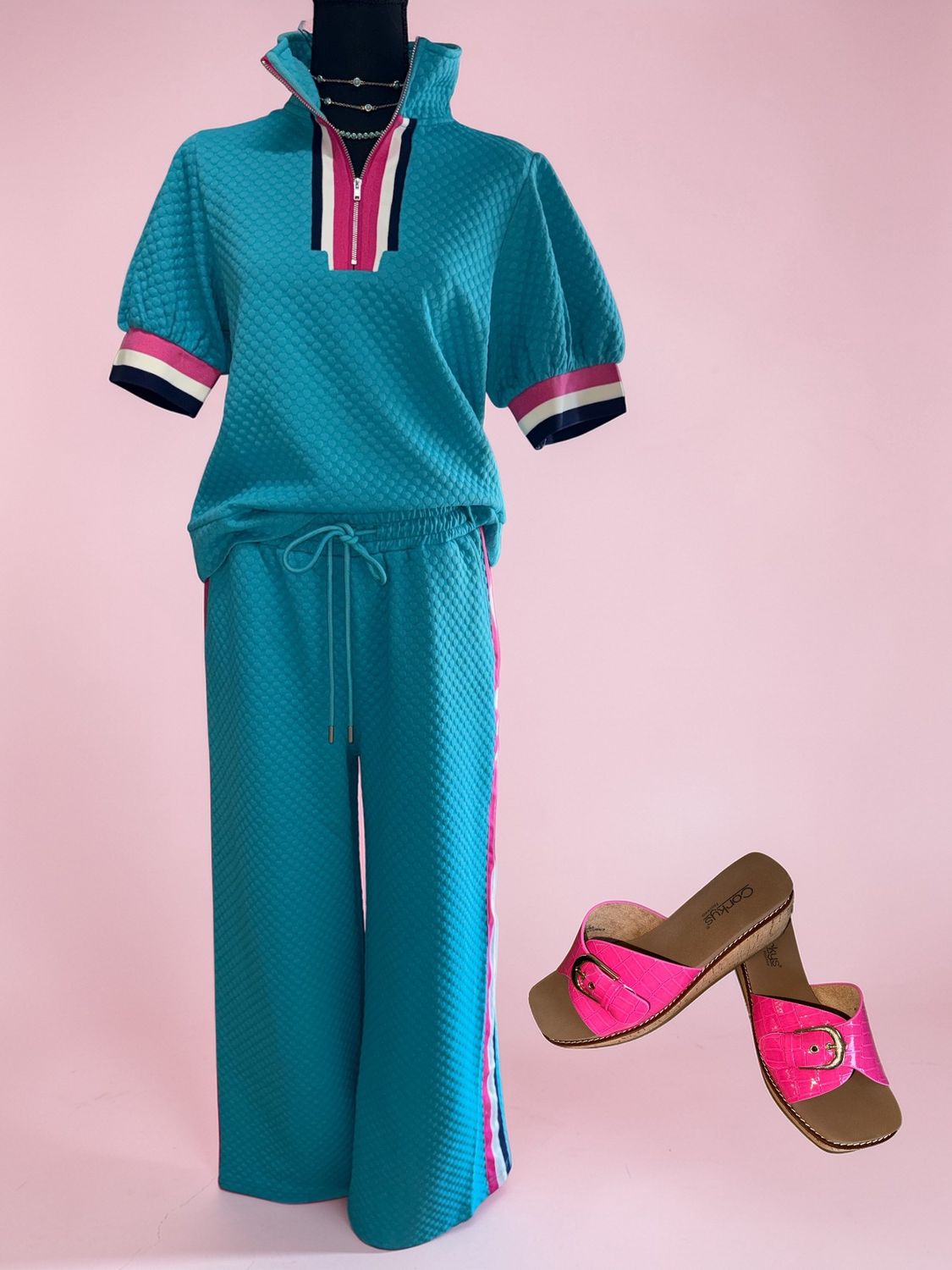 Turquoise Quilted Pants with Trim