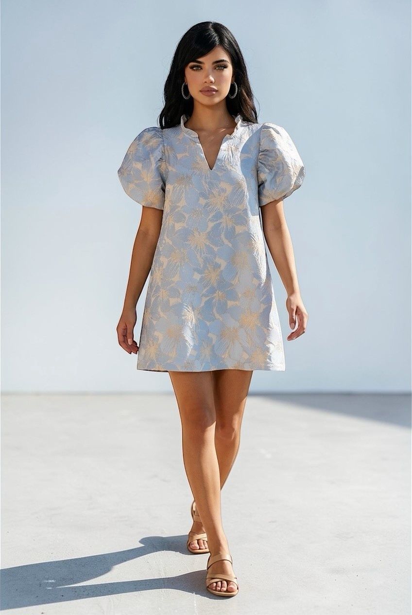 Ruffle V Neck Dress W/ Puff Sleeves