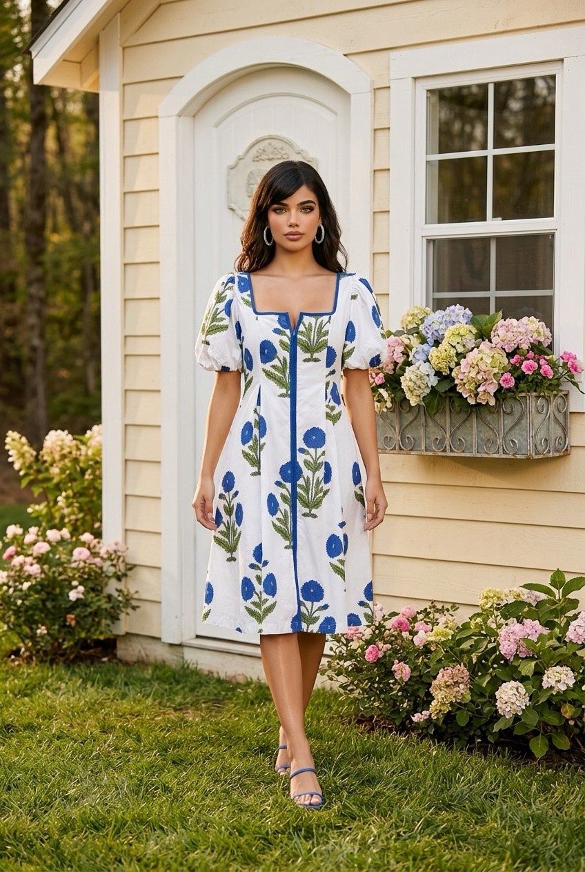 Scoop Neck Puff Sleeve Floral Midi Dress
