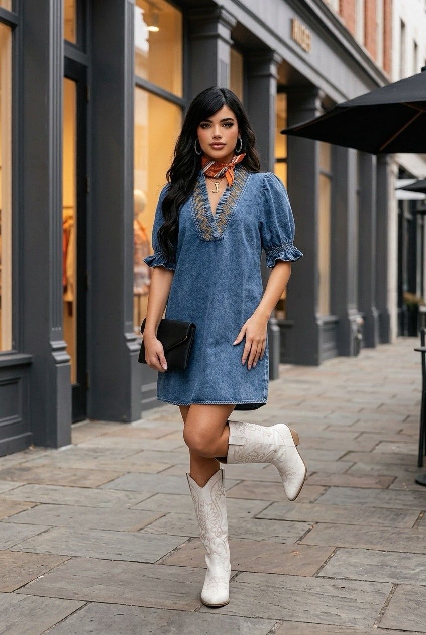 Denim Dress W/ V Neck Stitch Detail
