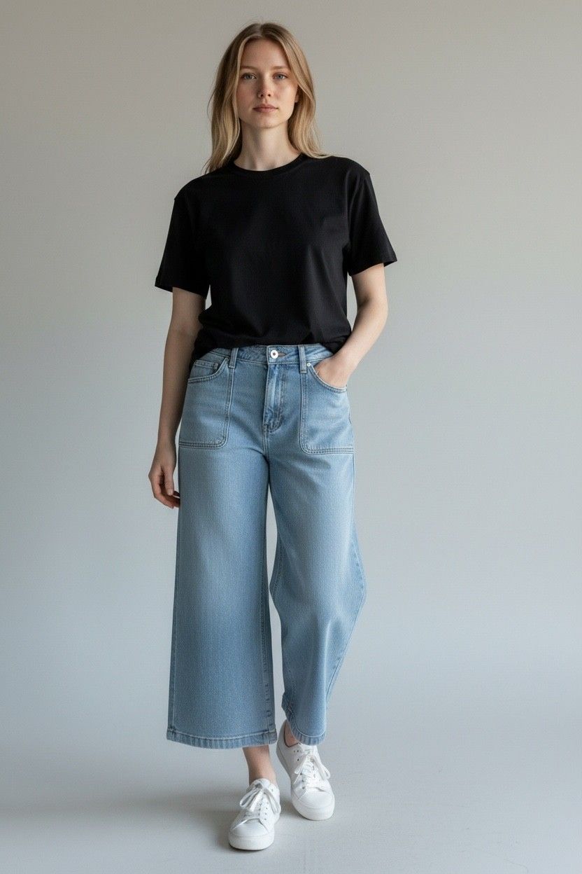 Mid Rise Ankle Wide Leg Jeans