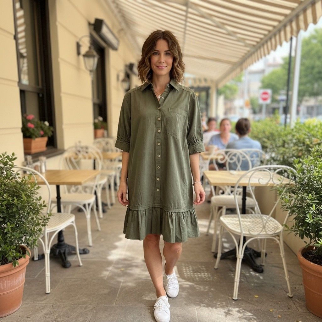 Button Down Mini Dress W/ Ruffle