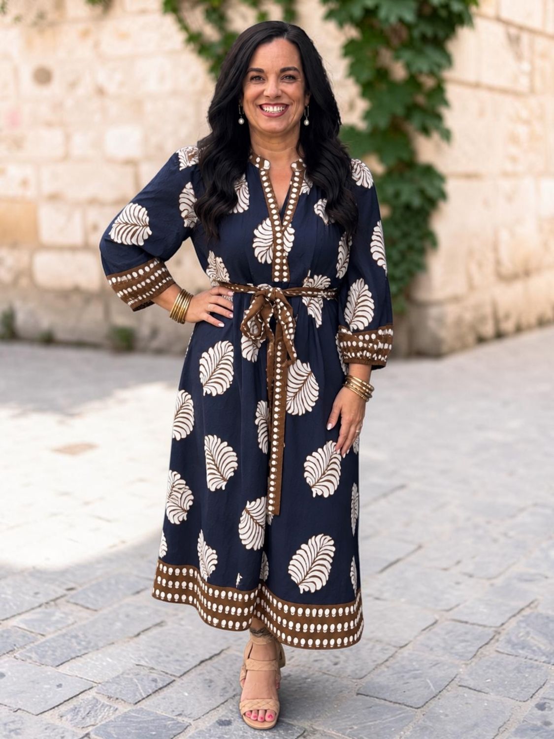 Navy Abstract Print Midi Dress w/ Belt