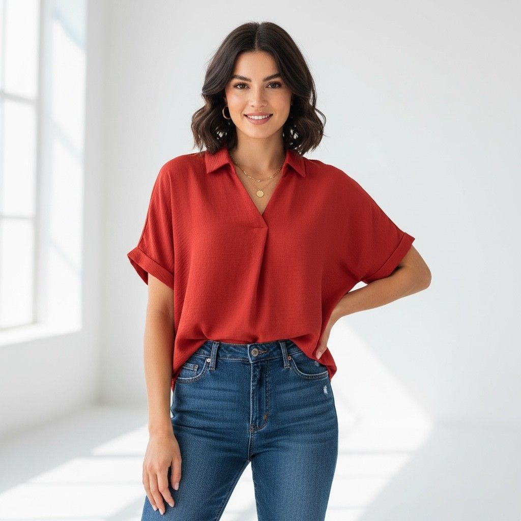 Rust Drop Shoulder Collared Woven Top