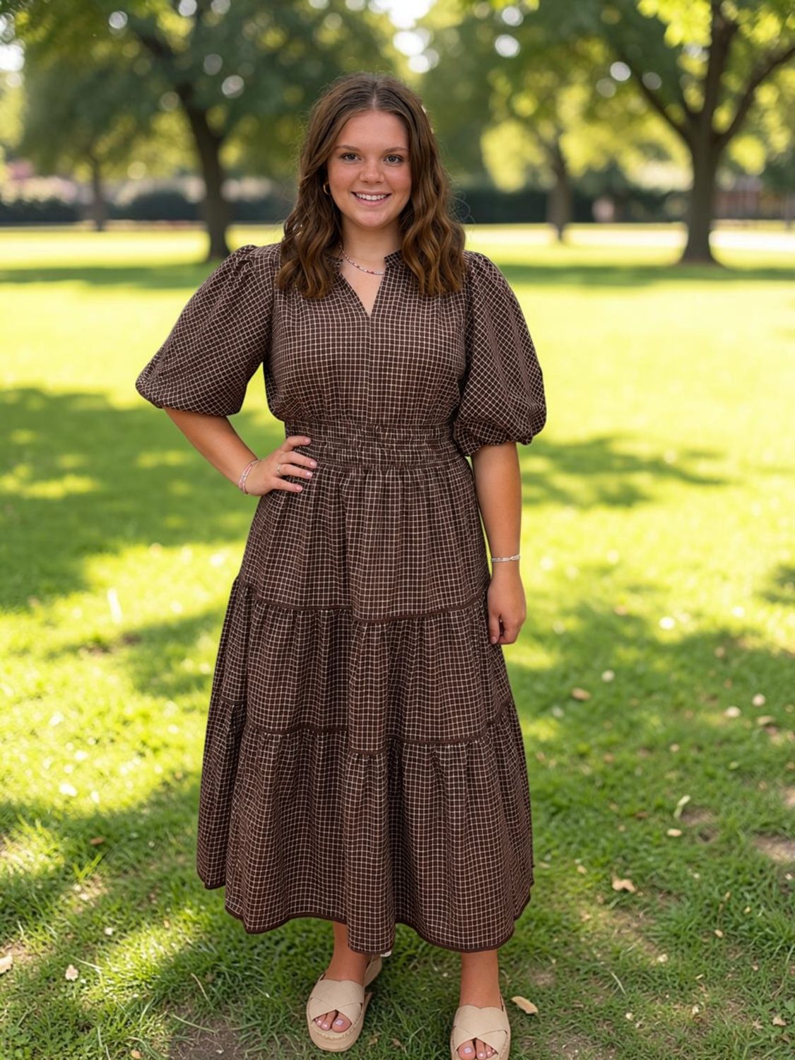 Long Checkered Dress W/ Puff Sleeves
