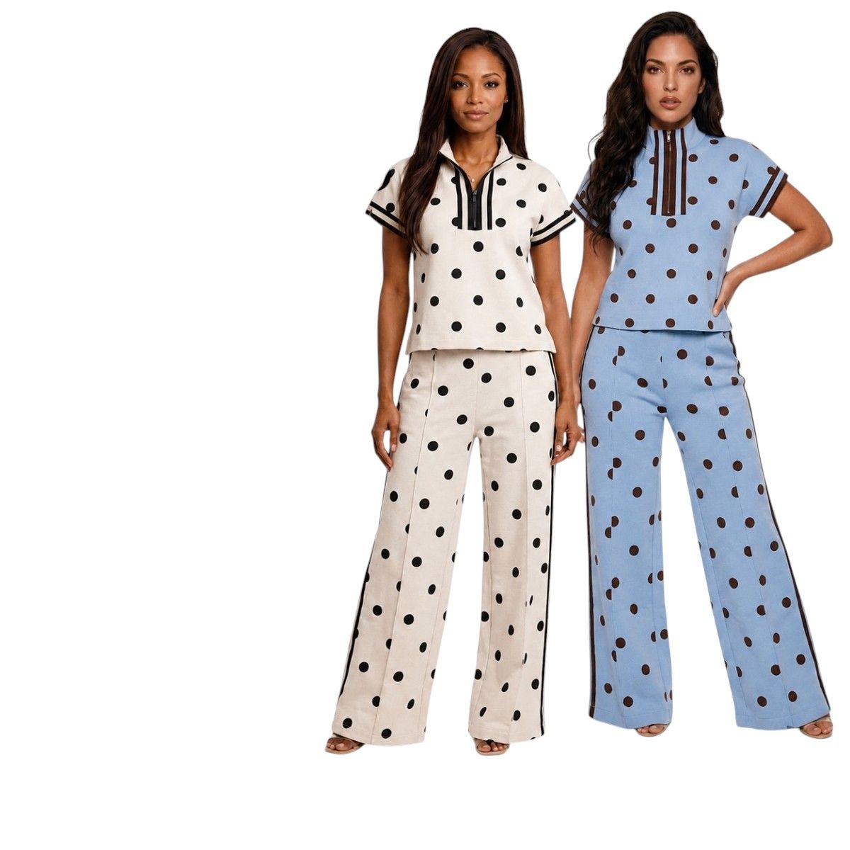 Short Sleeve Polka Dot Zip Up Top