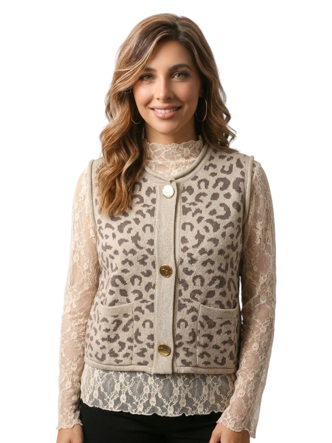 LT. Mocha Sleeveless Animal Pattern Button Down Knit Sweater Vest