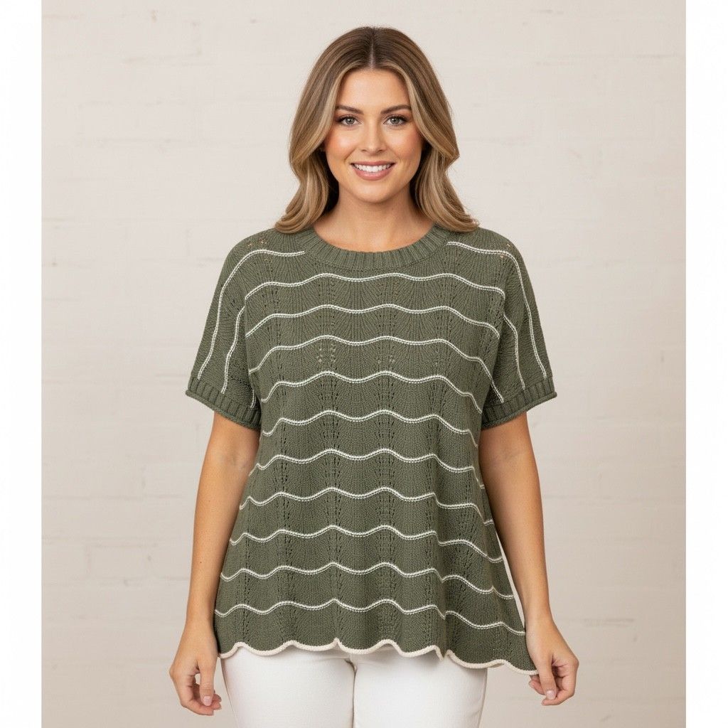 Oliva Drop Short Sleeve Scallop Striped Pattern Knit Sweater Top