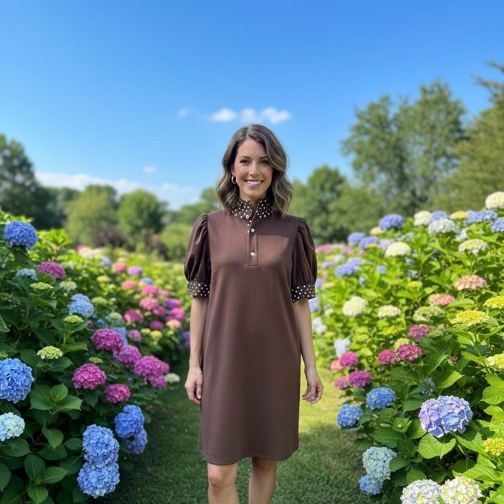 Solid Dress W/ Polka Dot Detail