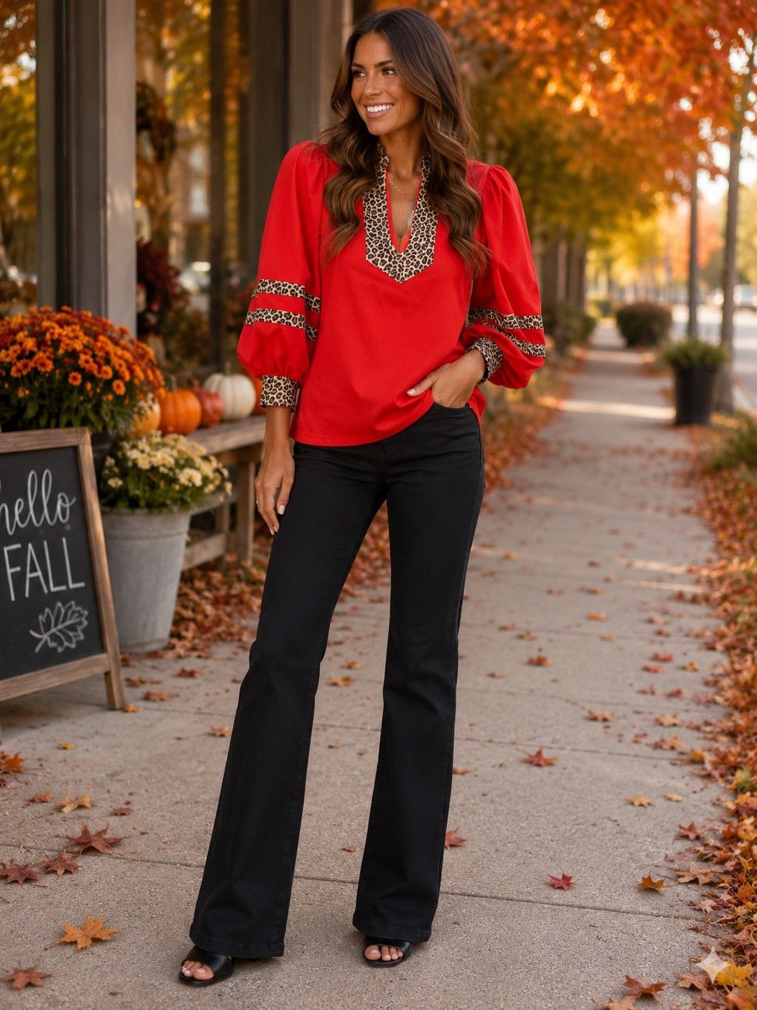 Red Long Puff Sleeve Top with Leopard Detail