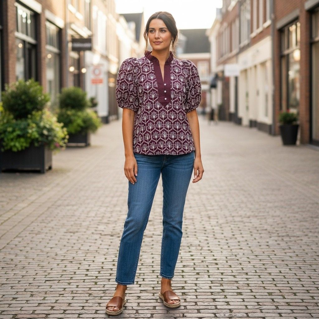 Button Front Printed Top W/ Puff Sleeves