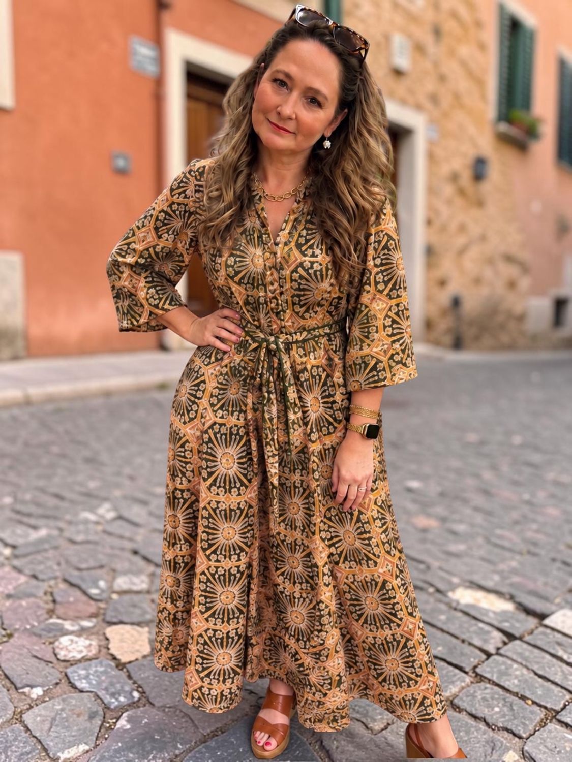 Sage Lining Abstrast Print Button Down Midi Dress