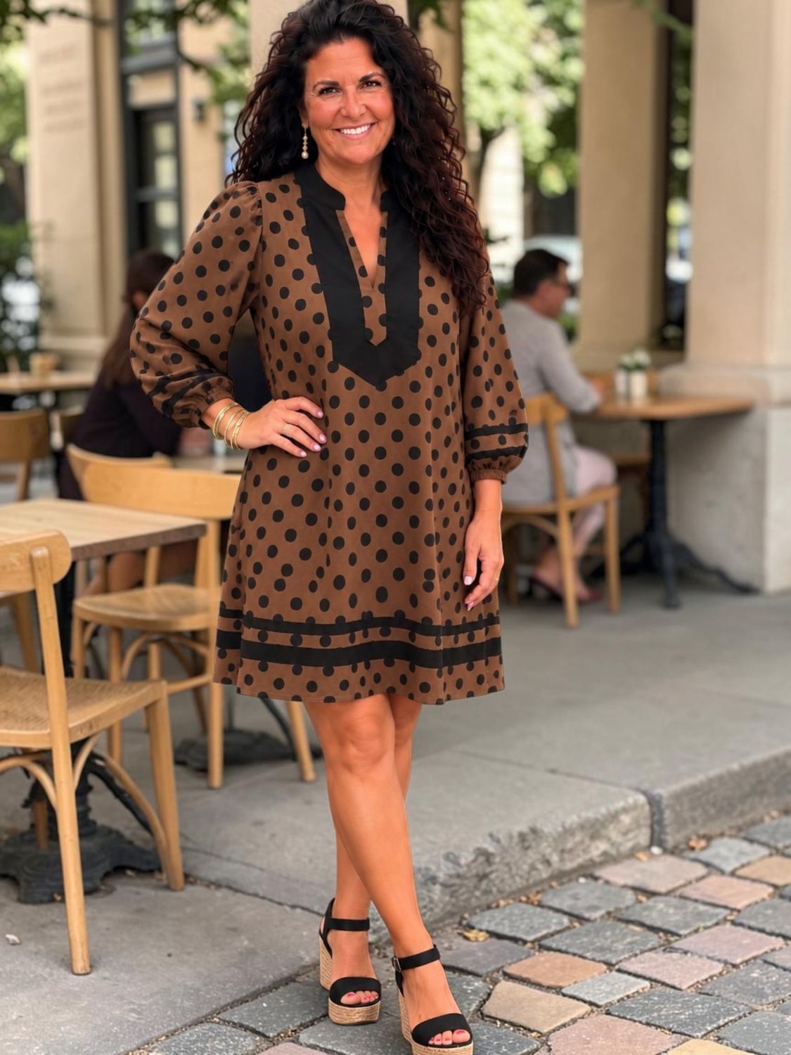 V-Neck L/S Polka-Dot Dress