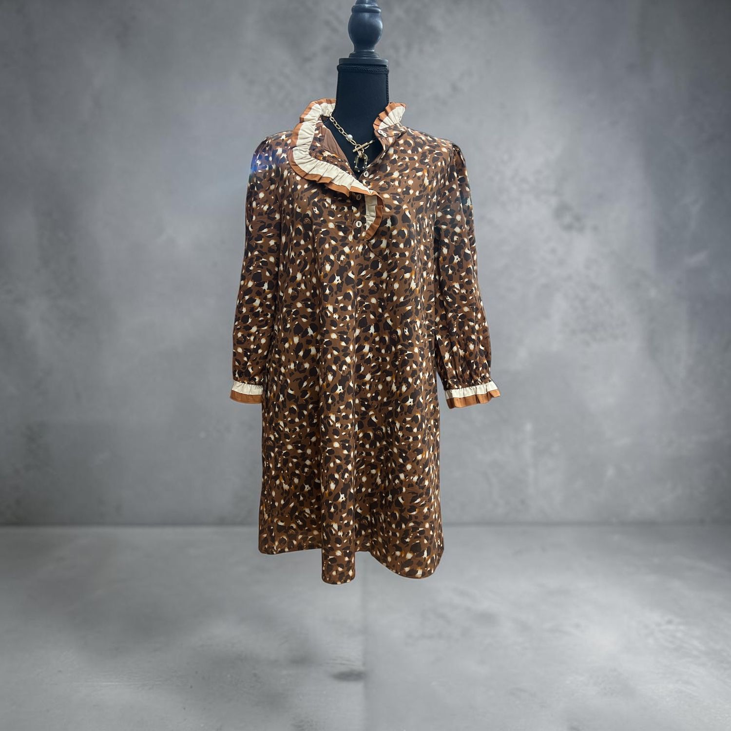 Long Sleeve Leopard Print Collared Dress