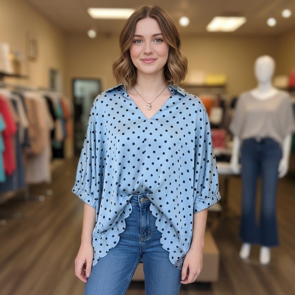 V-Neck Polka-Dot Top With Scalloped Edge