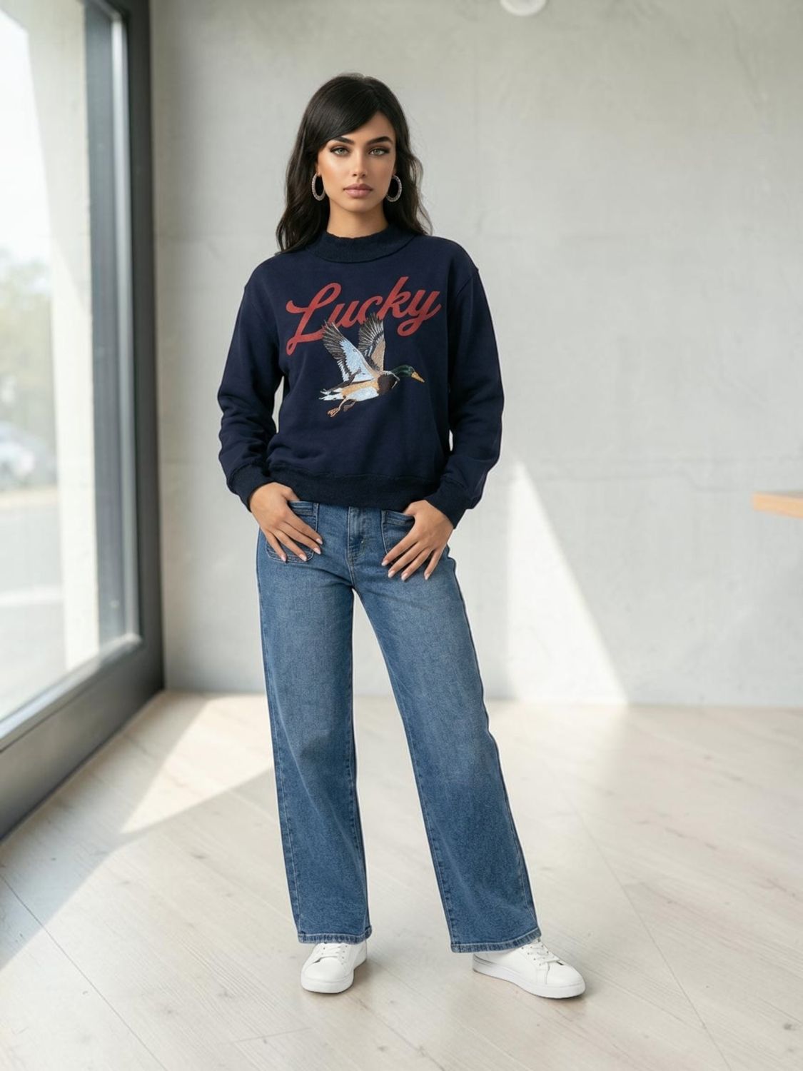 Lucky &amp; Mallard Mock Neck Navy Sweatshirt