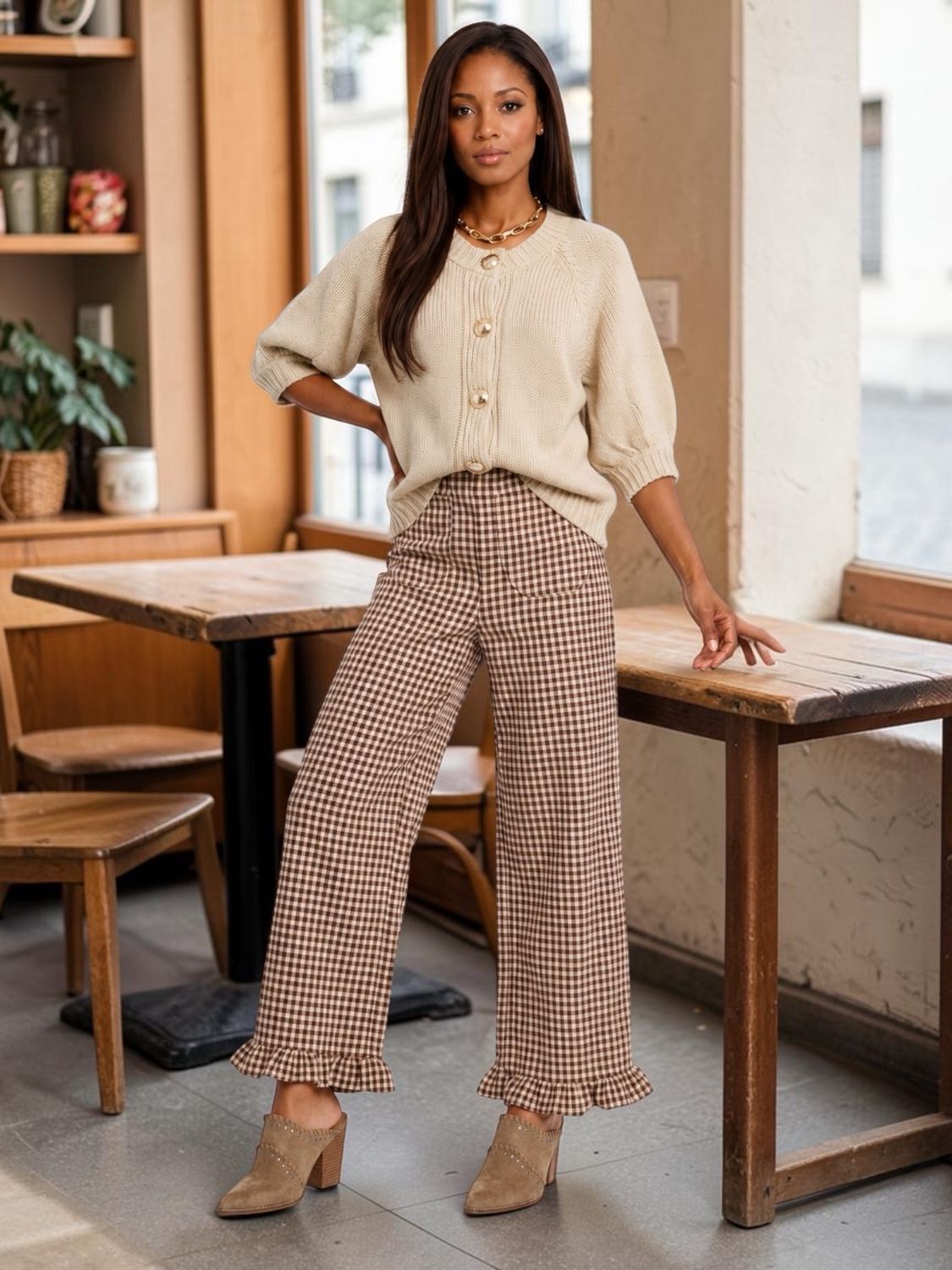 Gingham Ruffled Hem Pants