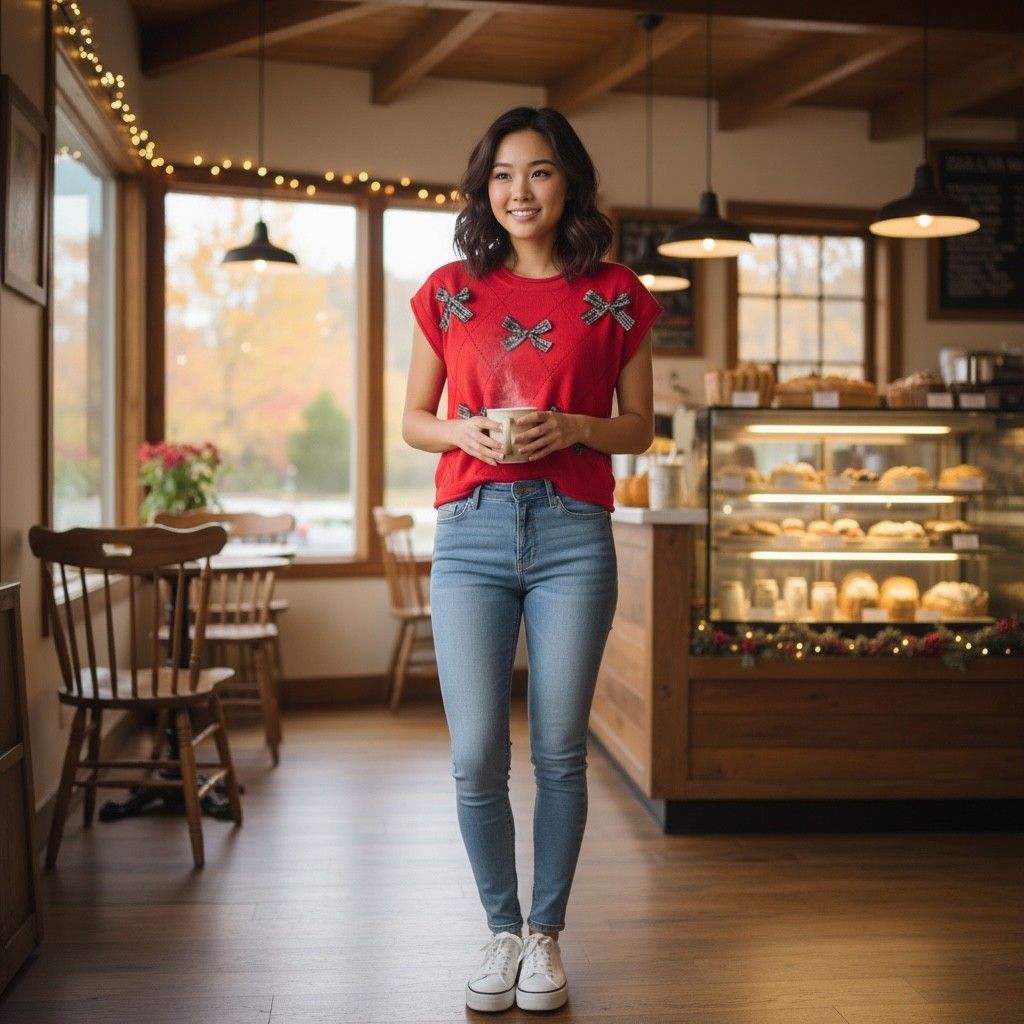 Red Drop Short Sleeve Checked Bow Sweater