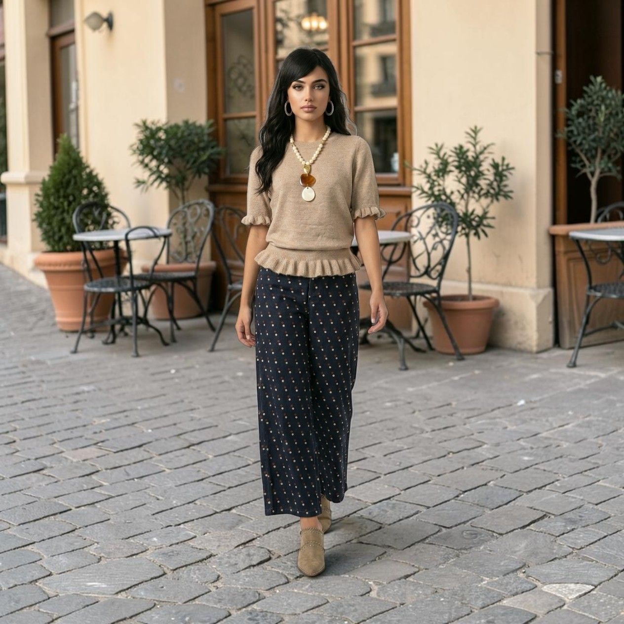 Polka Dot Cotton Wide Cropped Pants