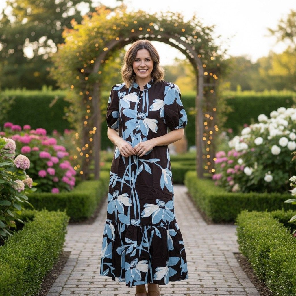Brown and Blue Floral Maxi Dress