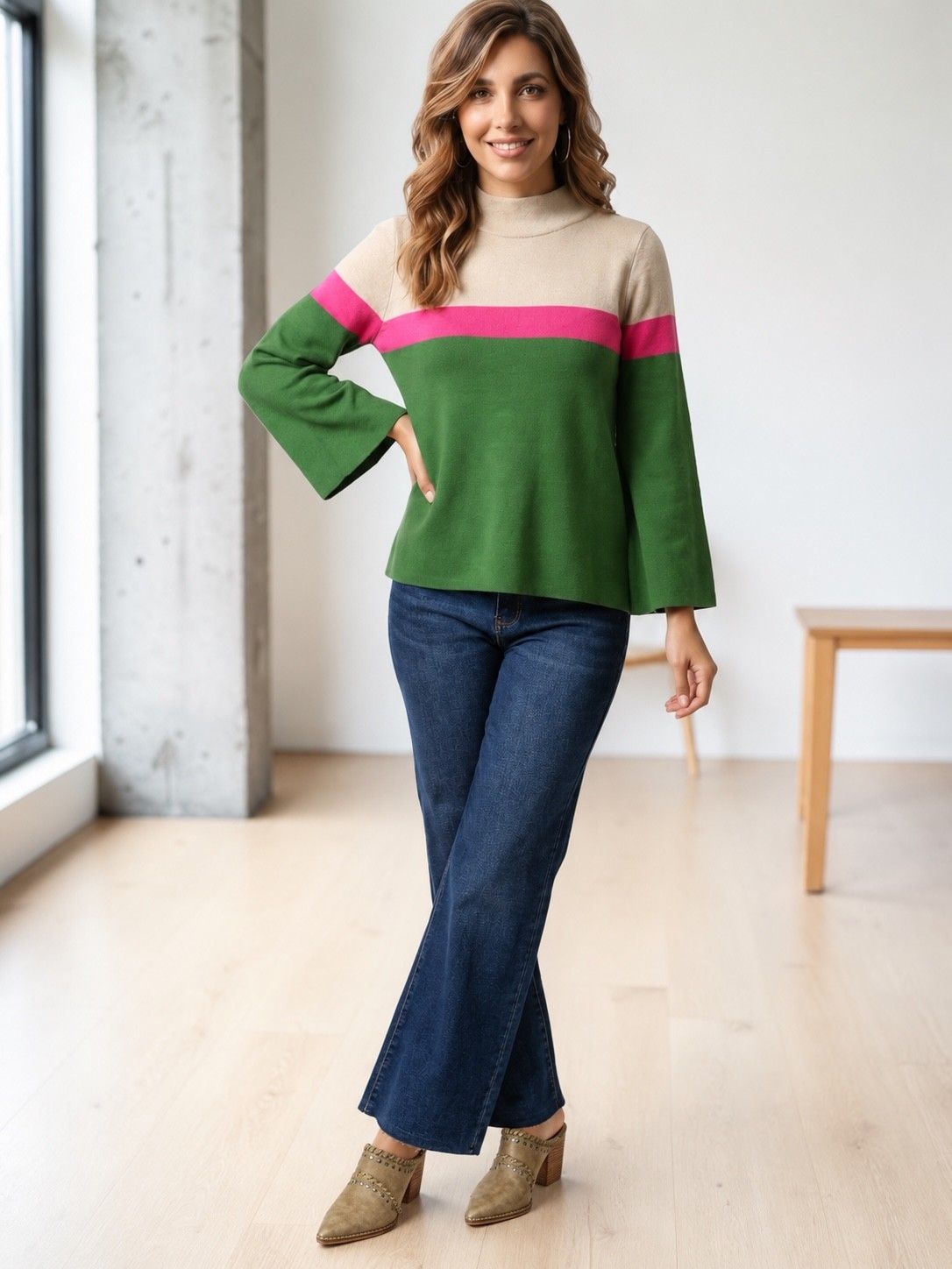 Color Block Mock Neck Sweater