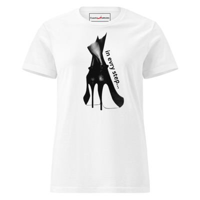 In Every Step - Artist-designed  Women’s basic softstyle t-shirt In every step -women’s artist t-shirt by Eunoia Lumina. White t-shirt with pencil drawing print. Front view.