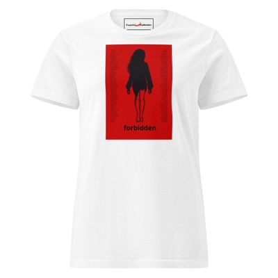 Forbidden - Artist-designed Women’s basic softstyle t-shirt Forbidden -women’s artist t-shirt by Eunoia Lumina. White t-shirt with digital drawing print. Front view.
